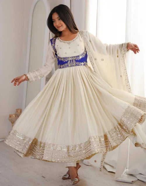 Paridhan Chinon Embroidered Gown in White