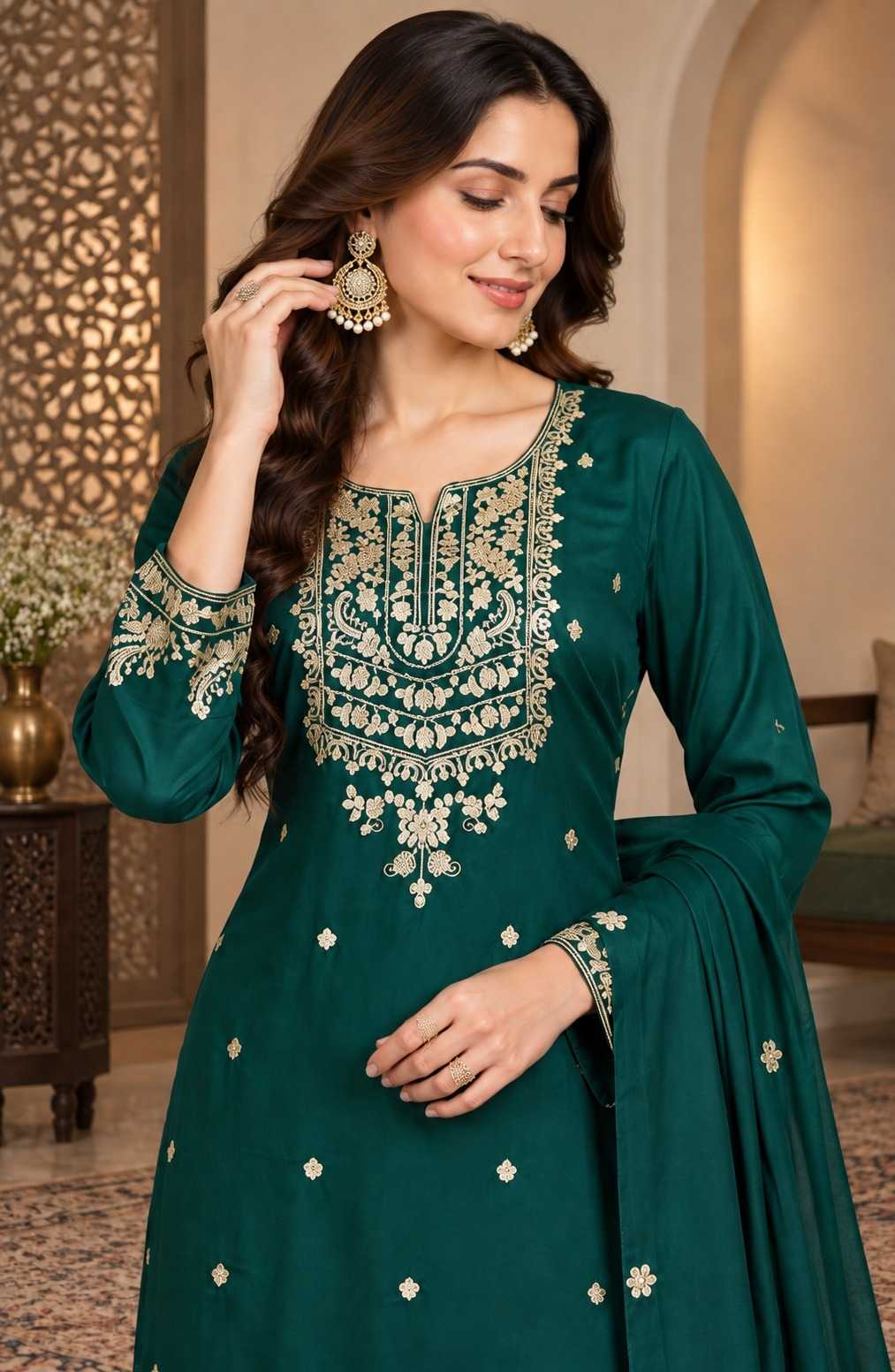 Chinon Embroidery Suit in Dark Green