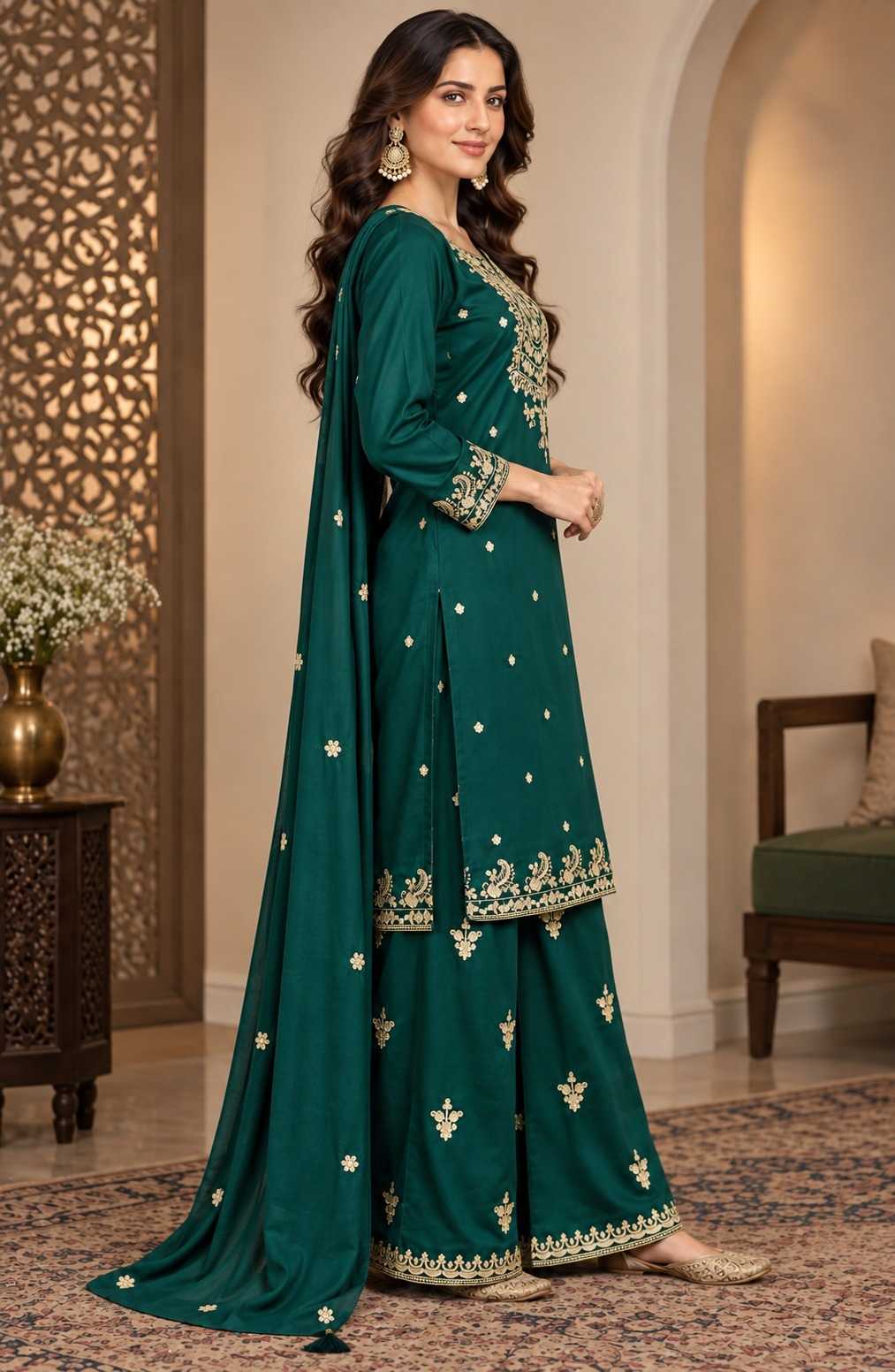 Chinon Embroidery Suit in Dark Green