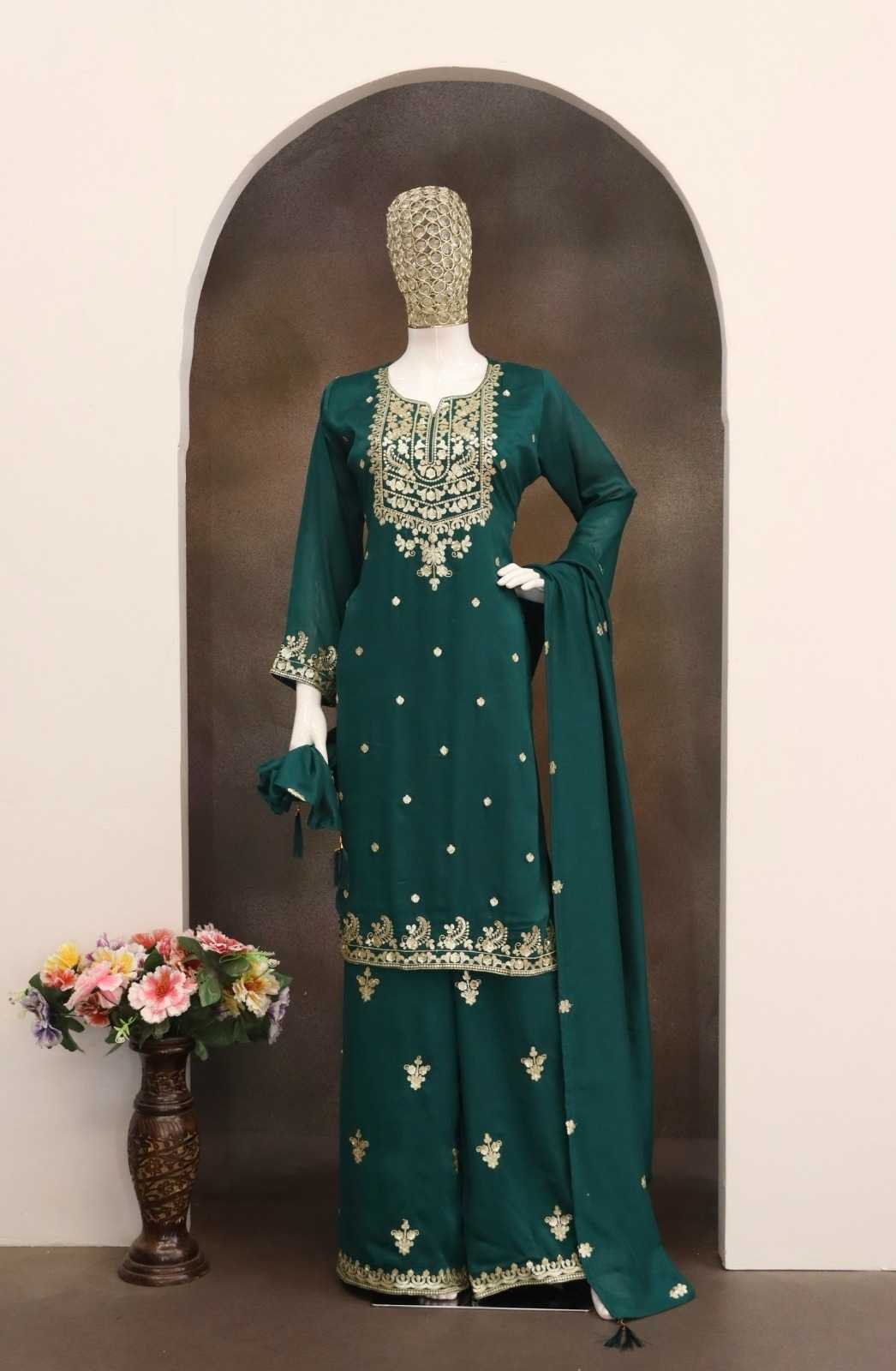 Chinon Embroidery Suit in Dark Green