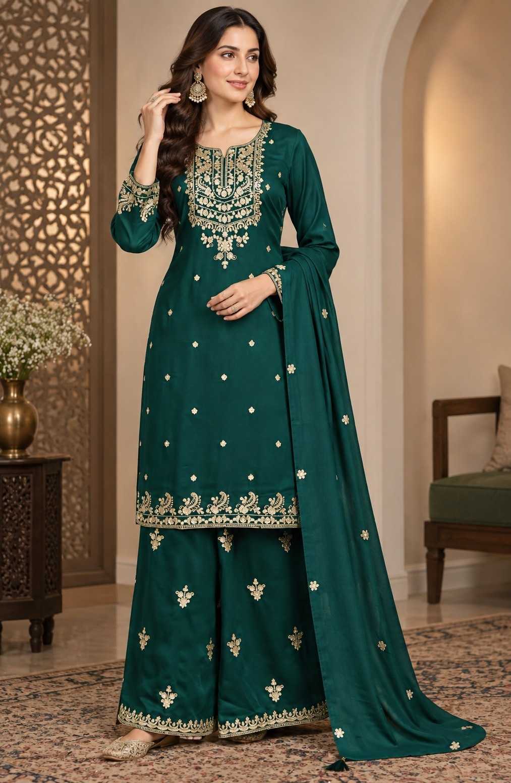 Chinon Embroidery Suit in Dark Green