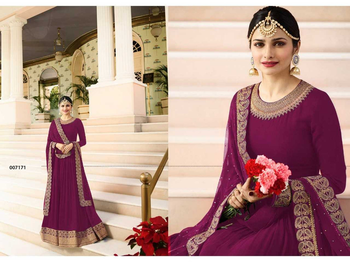 Faux Georgette Embroidery Gown in Dark Green