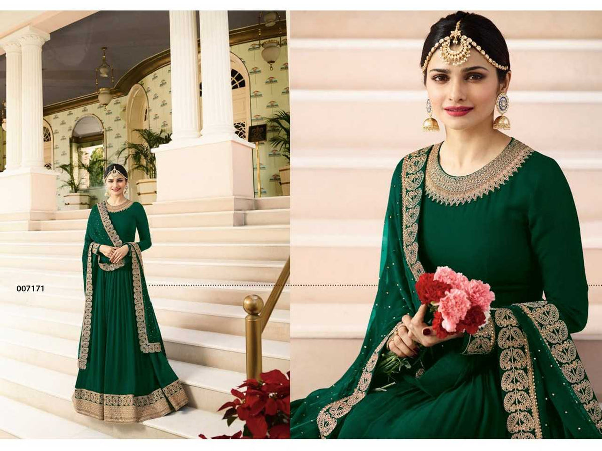 Faux Georgette Embroidery Gown in Dark Green