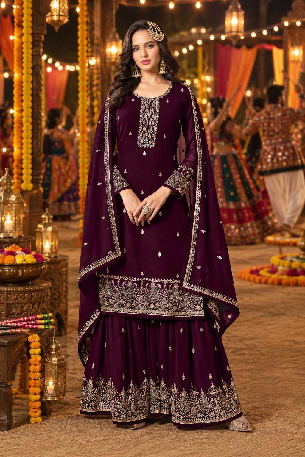 Faux Georgette Embroidery Suit in Dark Wine