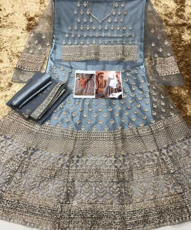 Faux Georgette Embroidery Suit in Grey