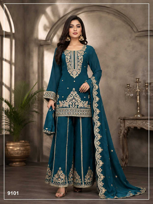 Chinon Embroidery Suit in Rani
