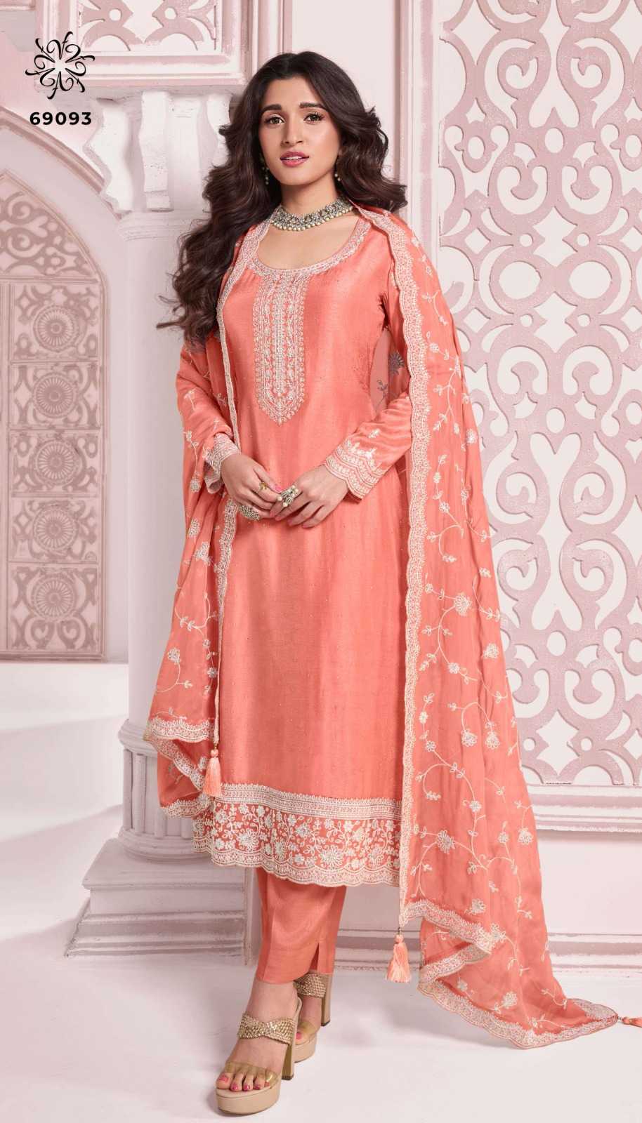 Ashirwad Soft Vichitra Ladies Suit in Peach Orange