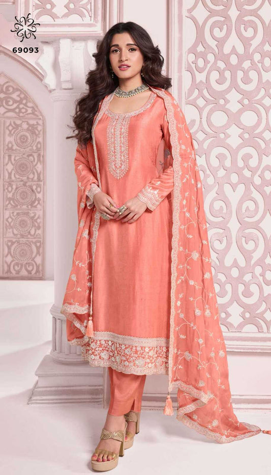 Ashirwad Soft Vichitra Ladies Suit in Peach Orange