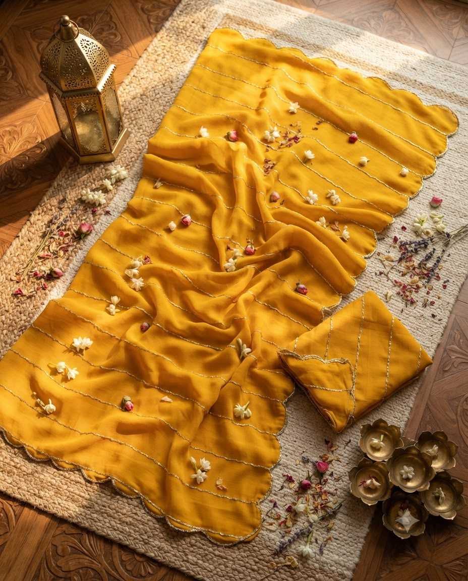 Work Georgette Fancy Saree in Yellow