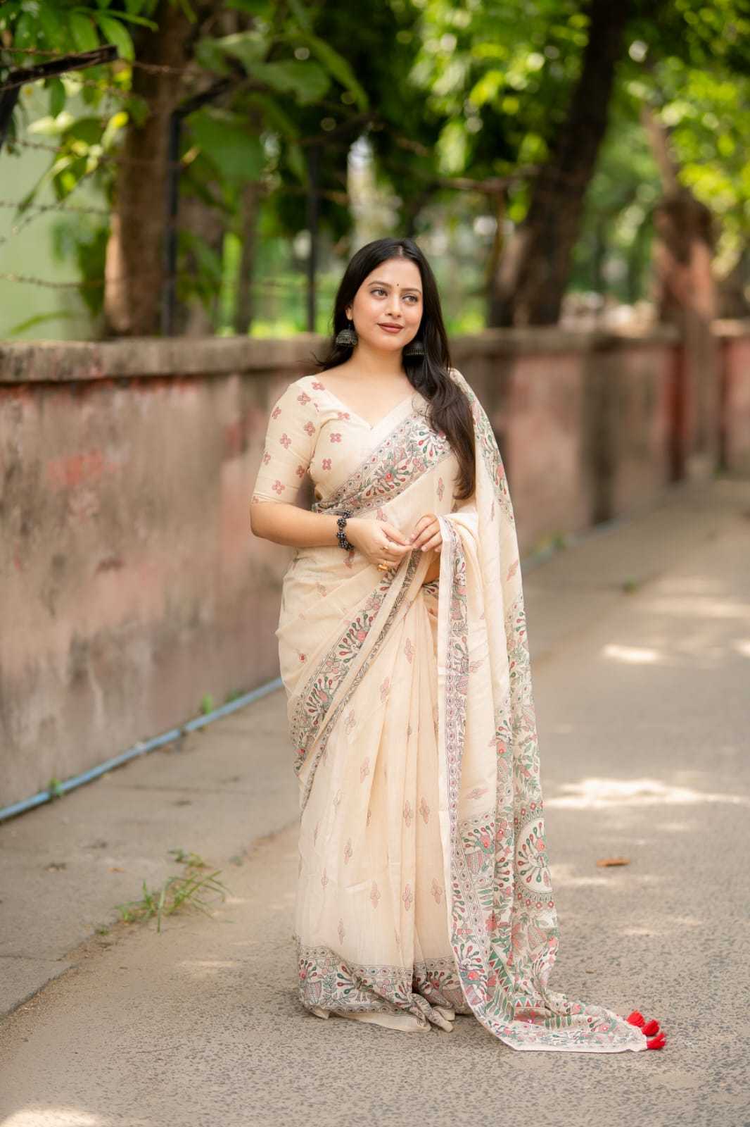Linen Mirror Work Saree