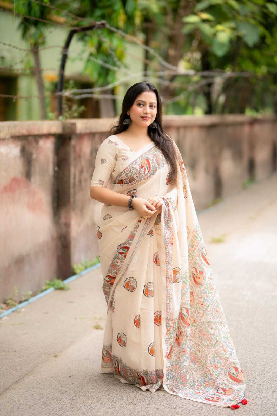 Linen Mirror Work Saree