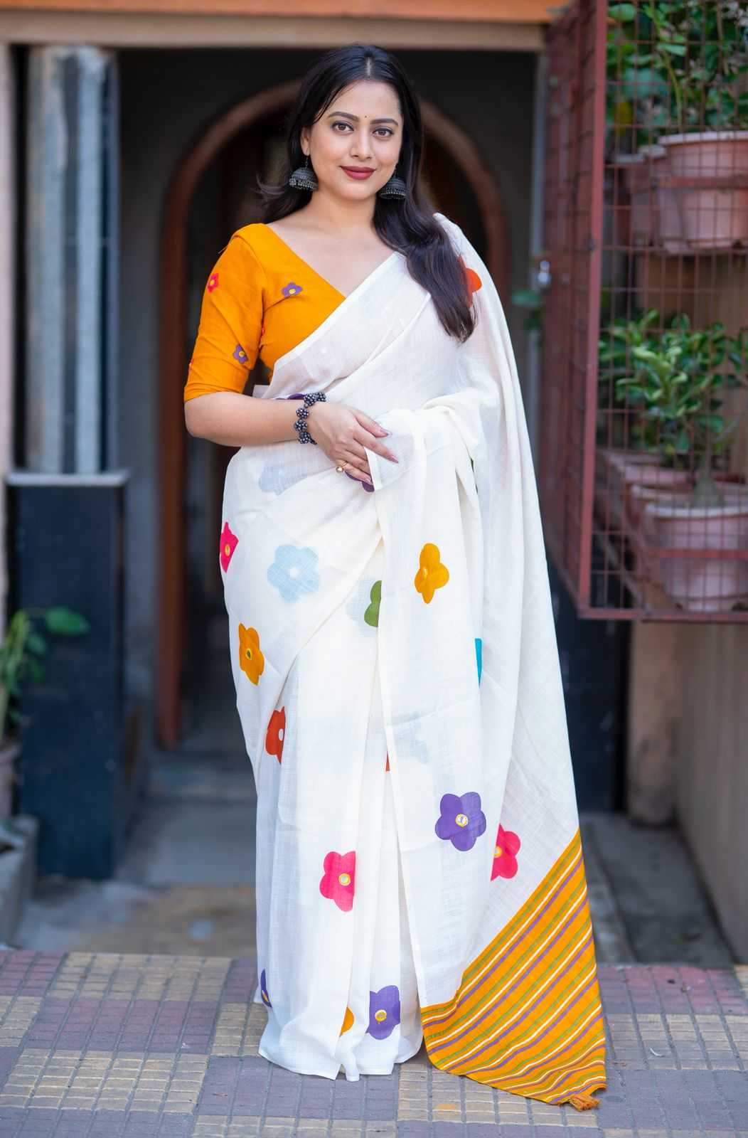 Linen Mirror Work Saree