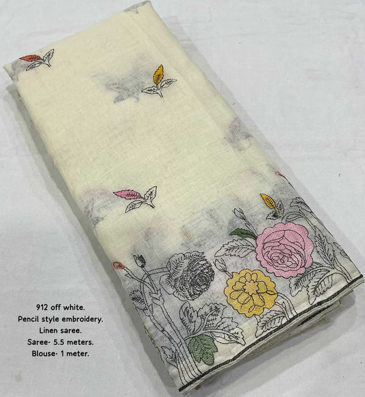 Pure Linen Fancy Saree in Off White