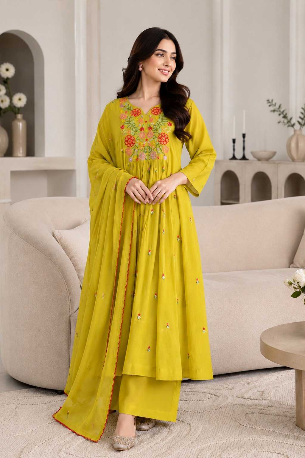 Chanderi Soft Embroidery Suit in Rust