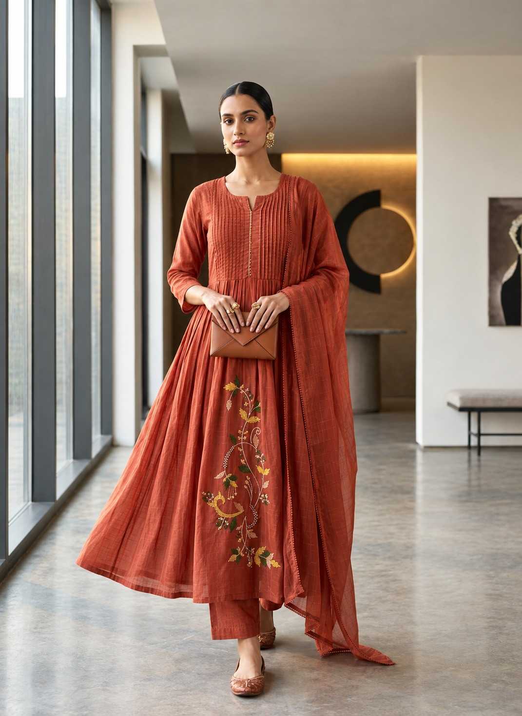 Chanderi Soft Embroidery Suit in Rust