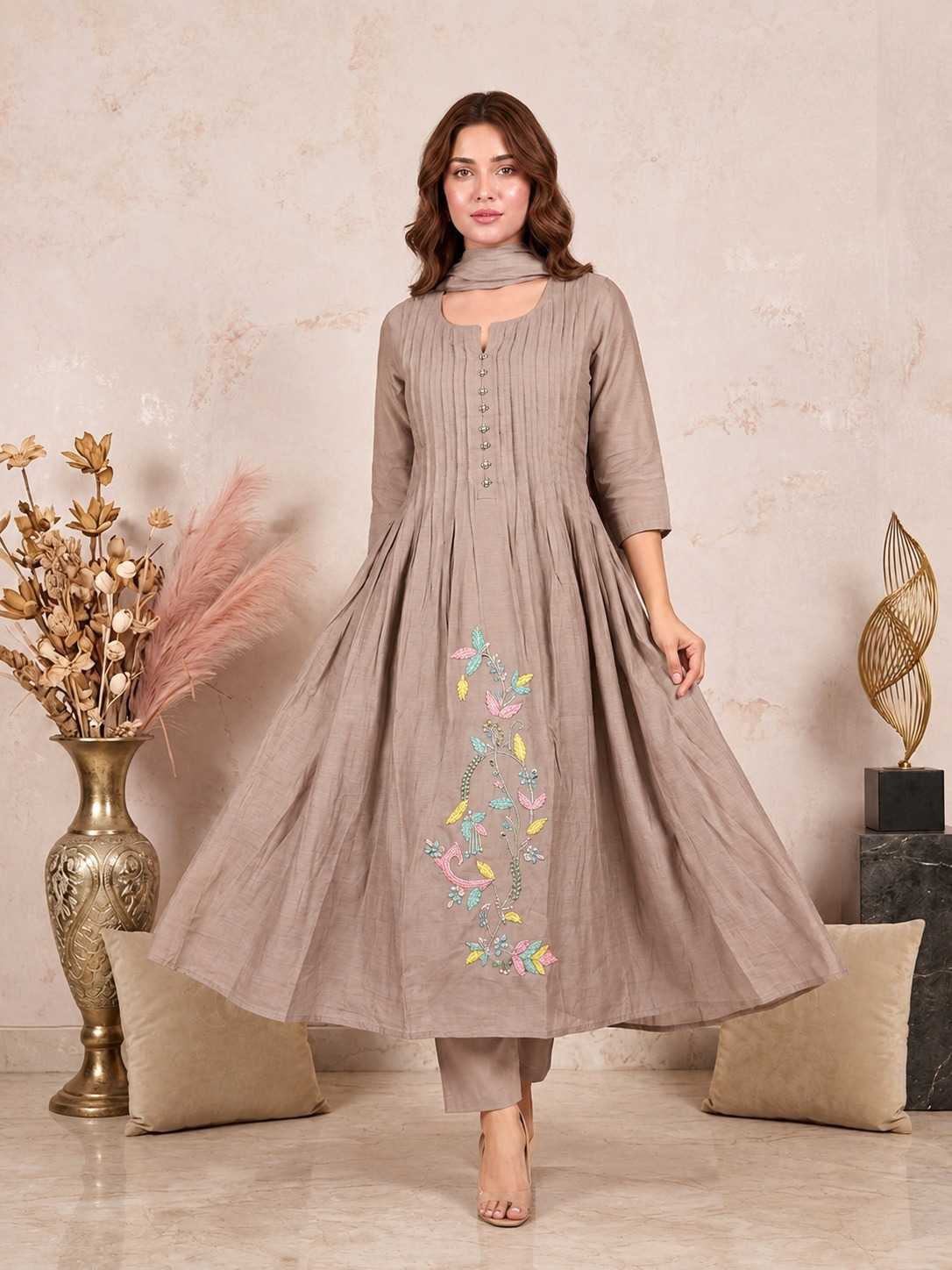 Chanderi Soft Embroidery Suit in Rust