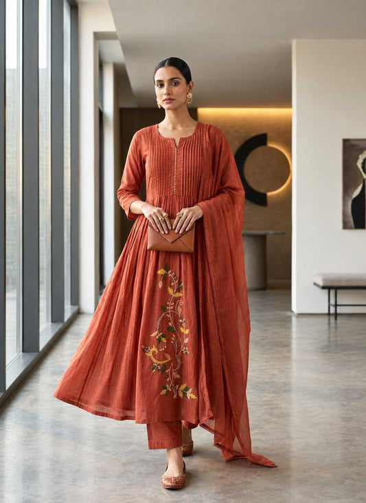 Chanderi Soft Embroidery Suit in Rust