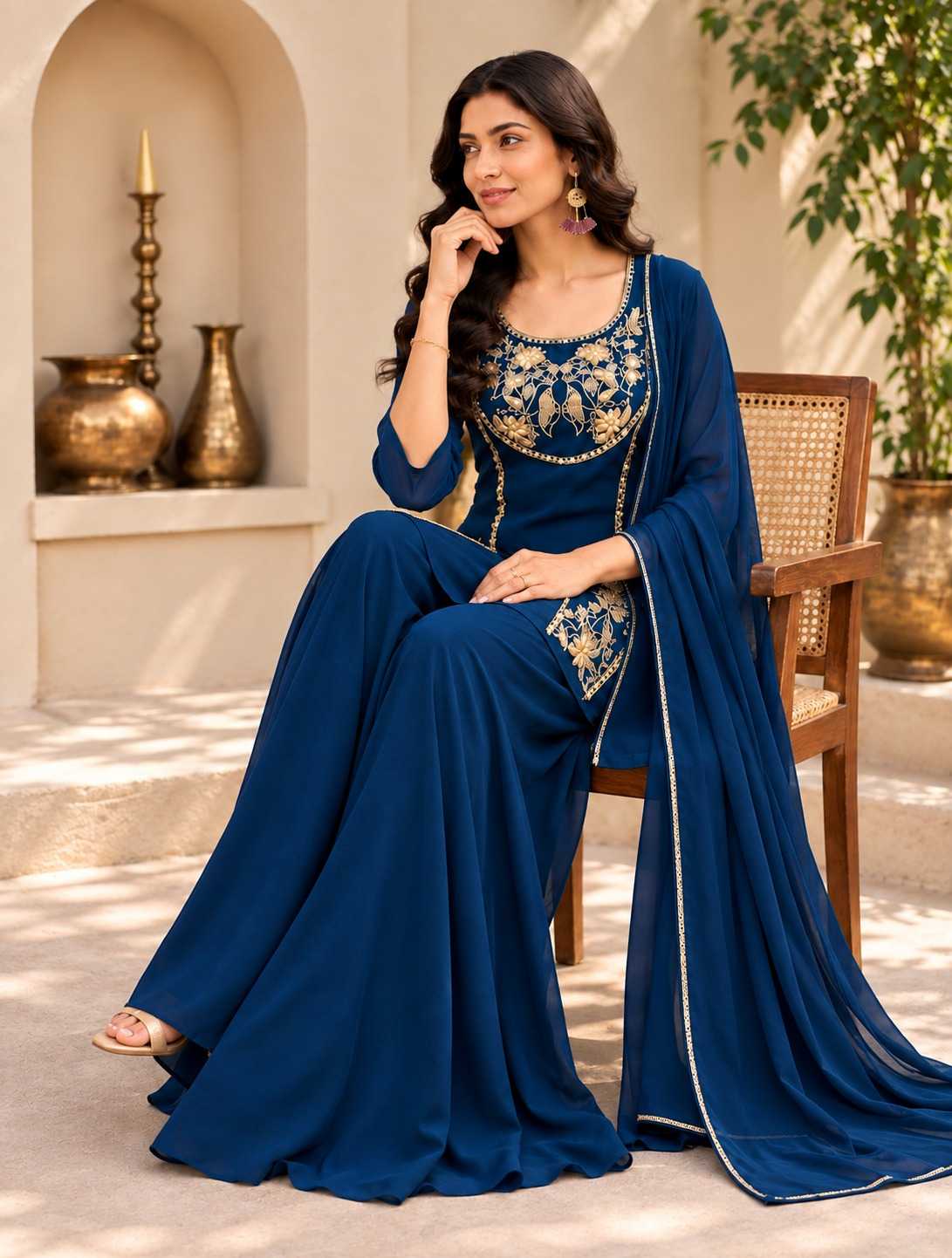 Fancy Palazzo Suit in Navy Blue