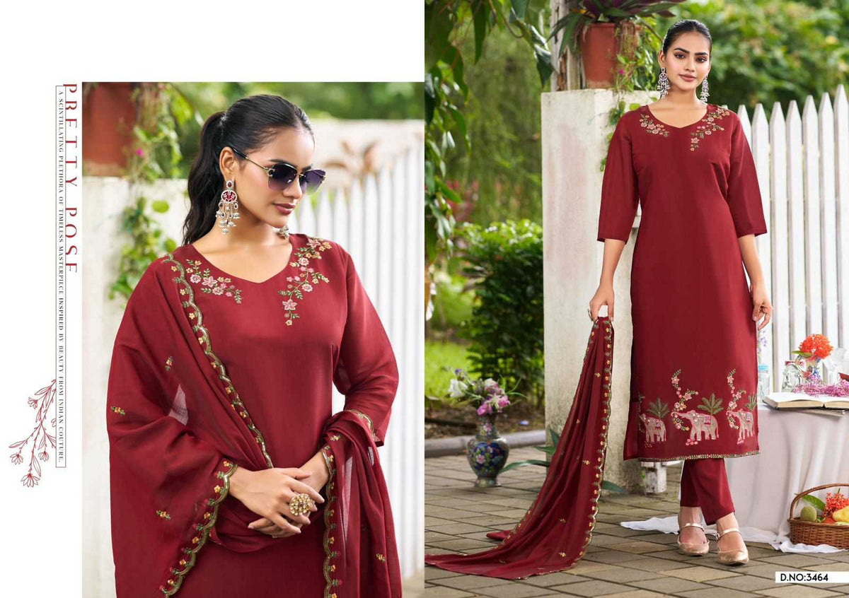 Chanderi Soft Embroidery Suit in Maroon
