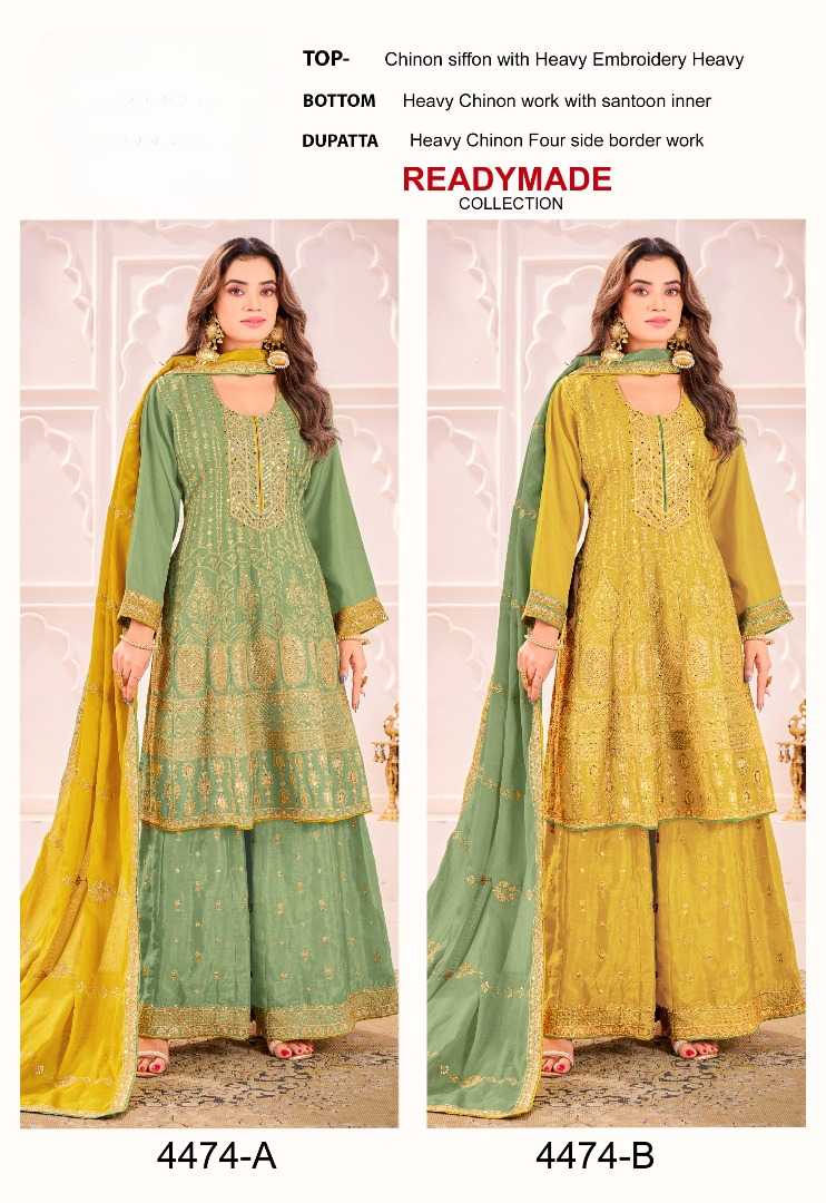 Chinon Silk Embroidery Suit in Yellow