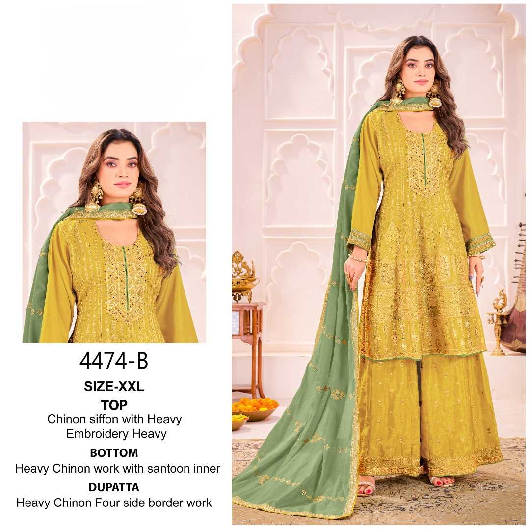 Chinon Silk Embroidery Suit in Yellow
