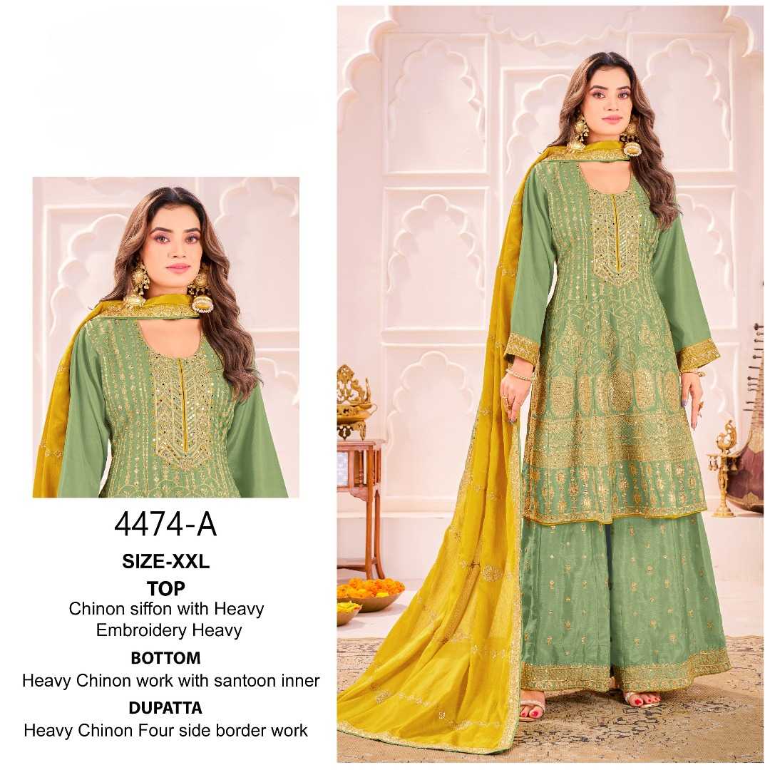 Chinon Silk Embroidery Suit in Yellow