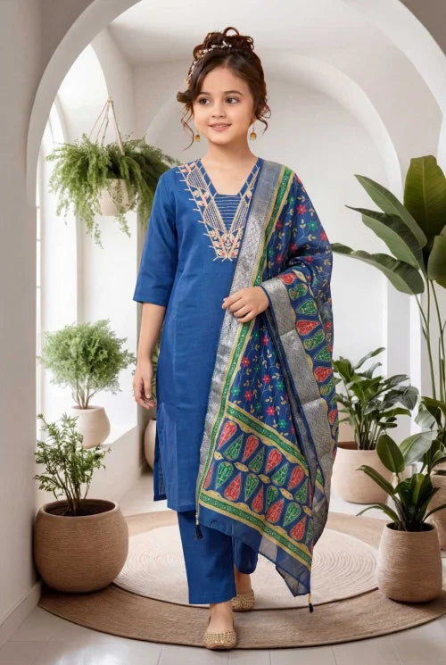 Slub Reyon Girls Kurti in Denim Blue