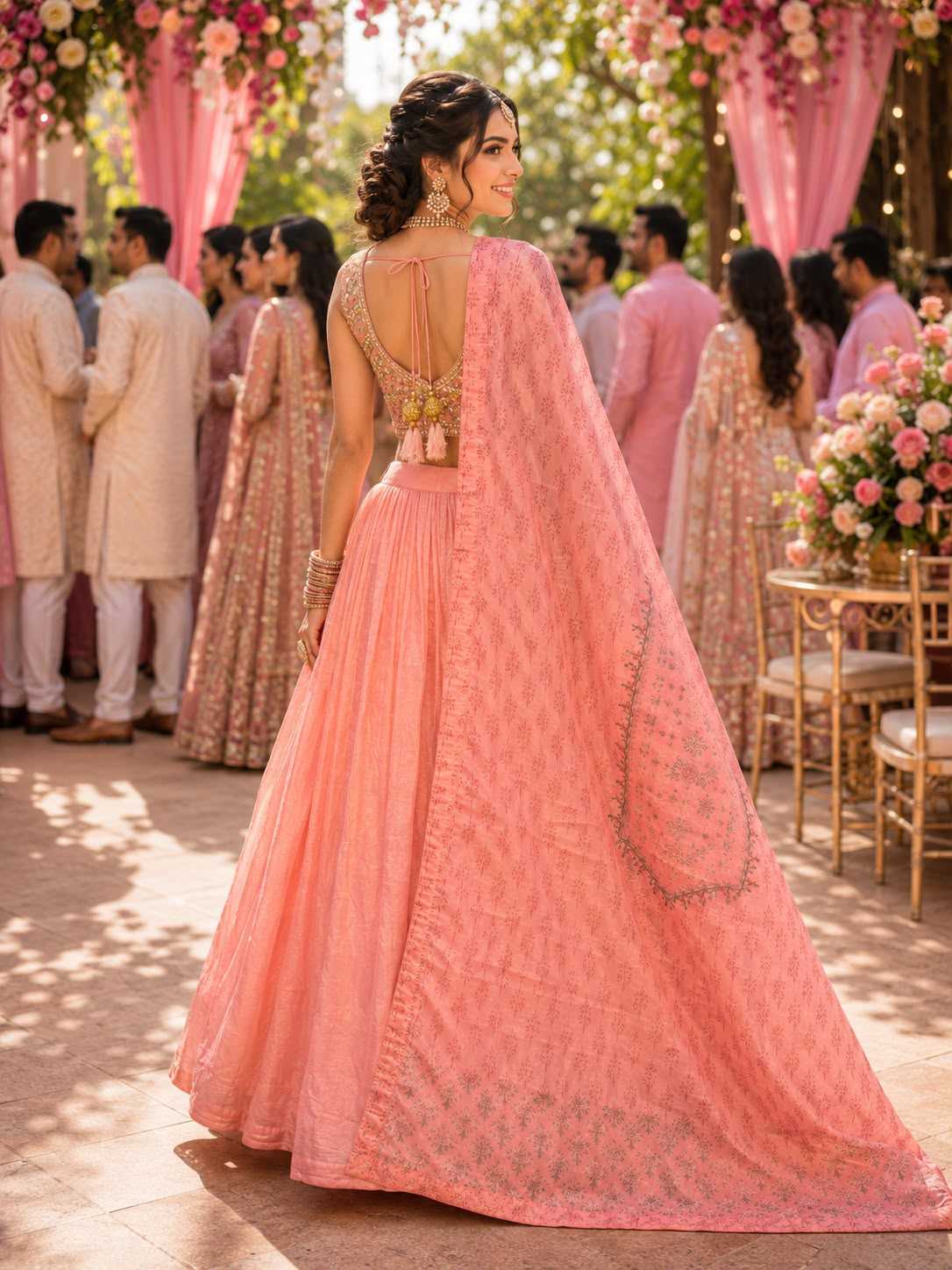 Mrudangi Shehnaz Tissue Designer Lehenga in Peach