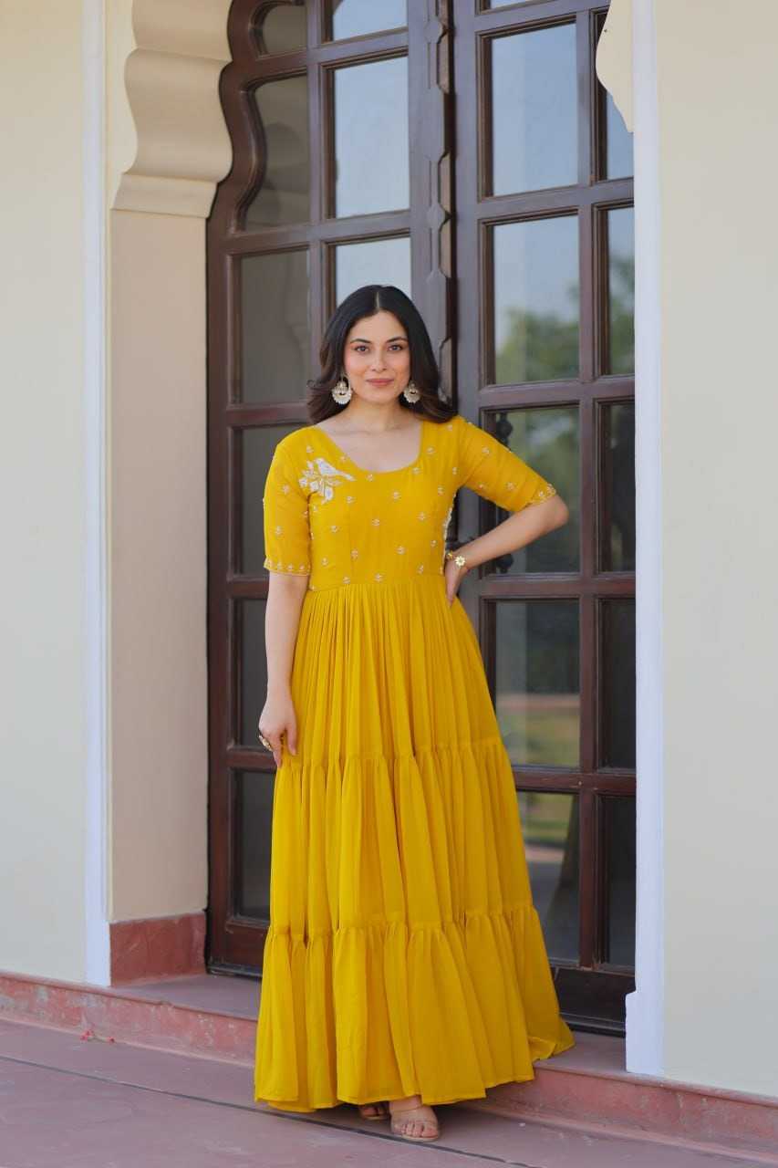 Faux Blooming Embroidery Gown in Yellow