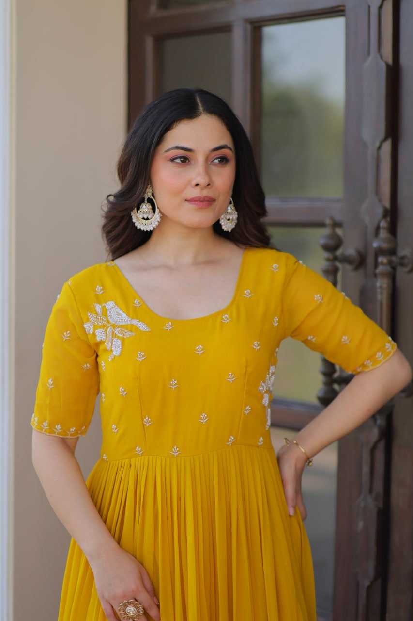 Faux Blooming Embroidery Gown in Yellow