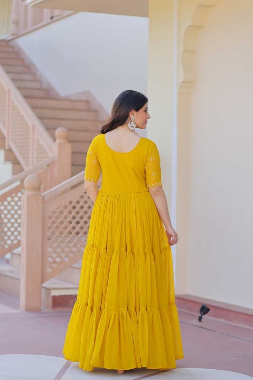 Faux Blooming Embroidery Gown in Yellow