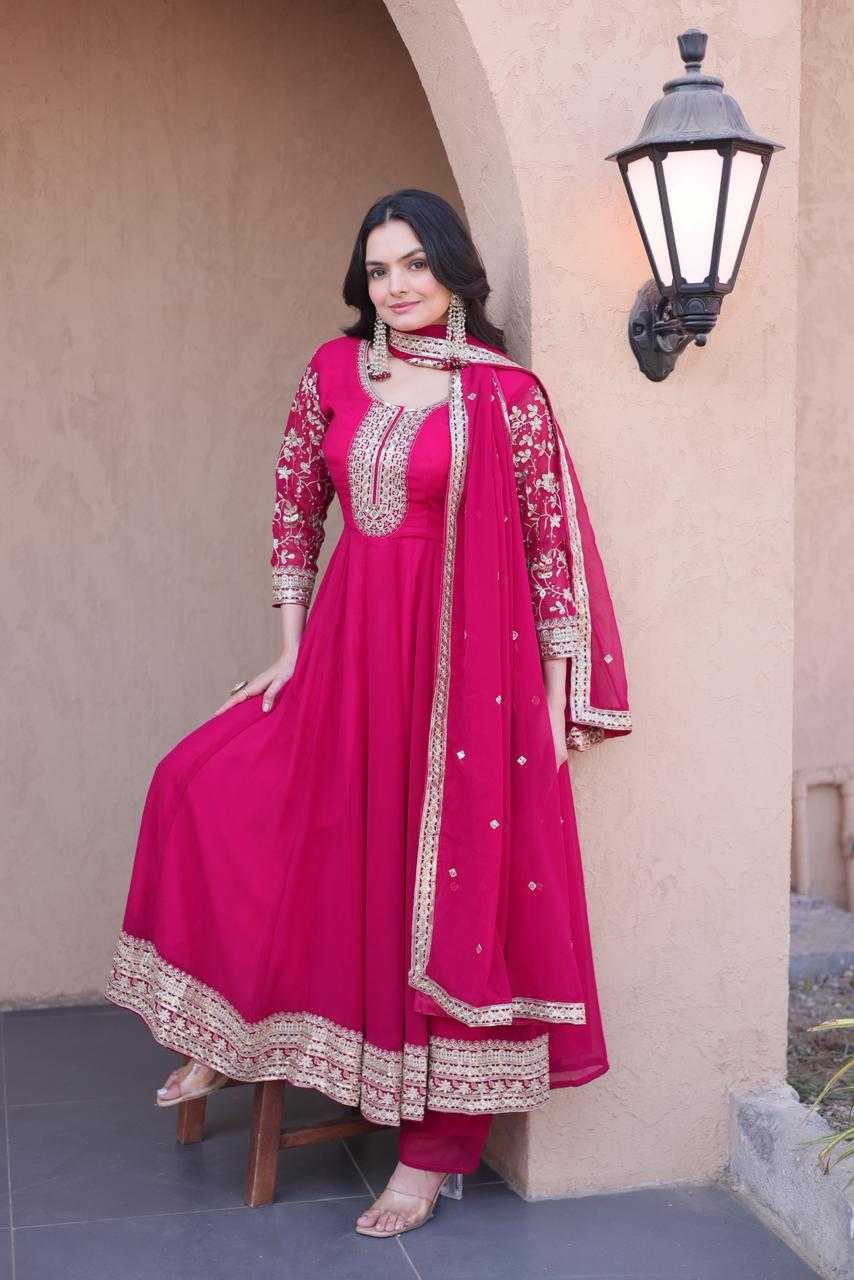 Faux Blooming Embroidery Gown in Rani