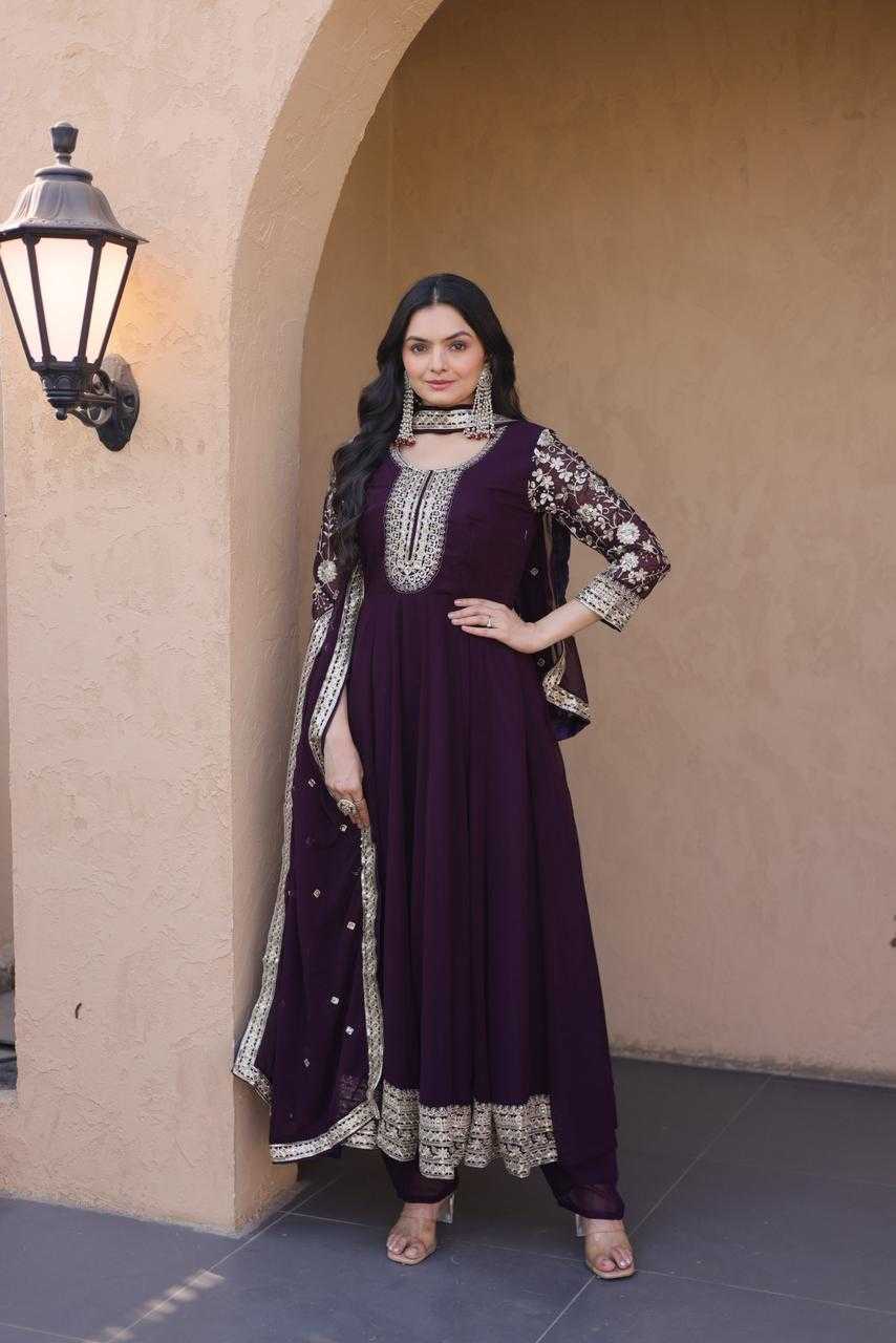 Faux Blooming Embroidery Gown in Rani