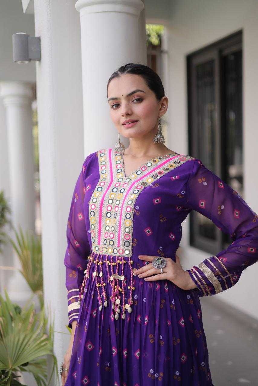 Faux Georgette Printed Gown in Violet