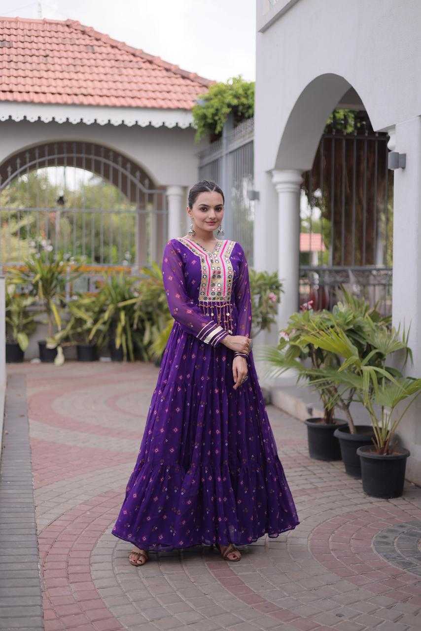 Faux Georgette Printed Gown in Violet