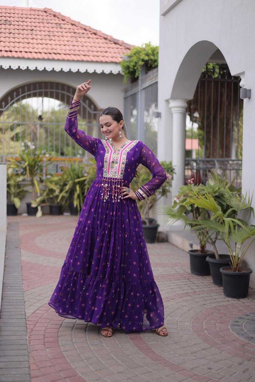 Faux Georgette Printed Gown in Violet