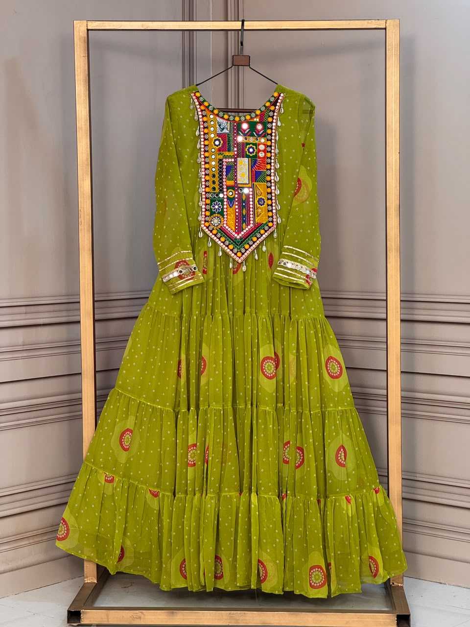 Faux Georgette Printed Gown in Olive