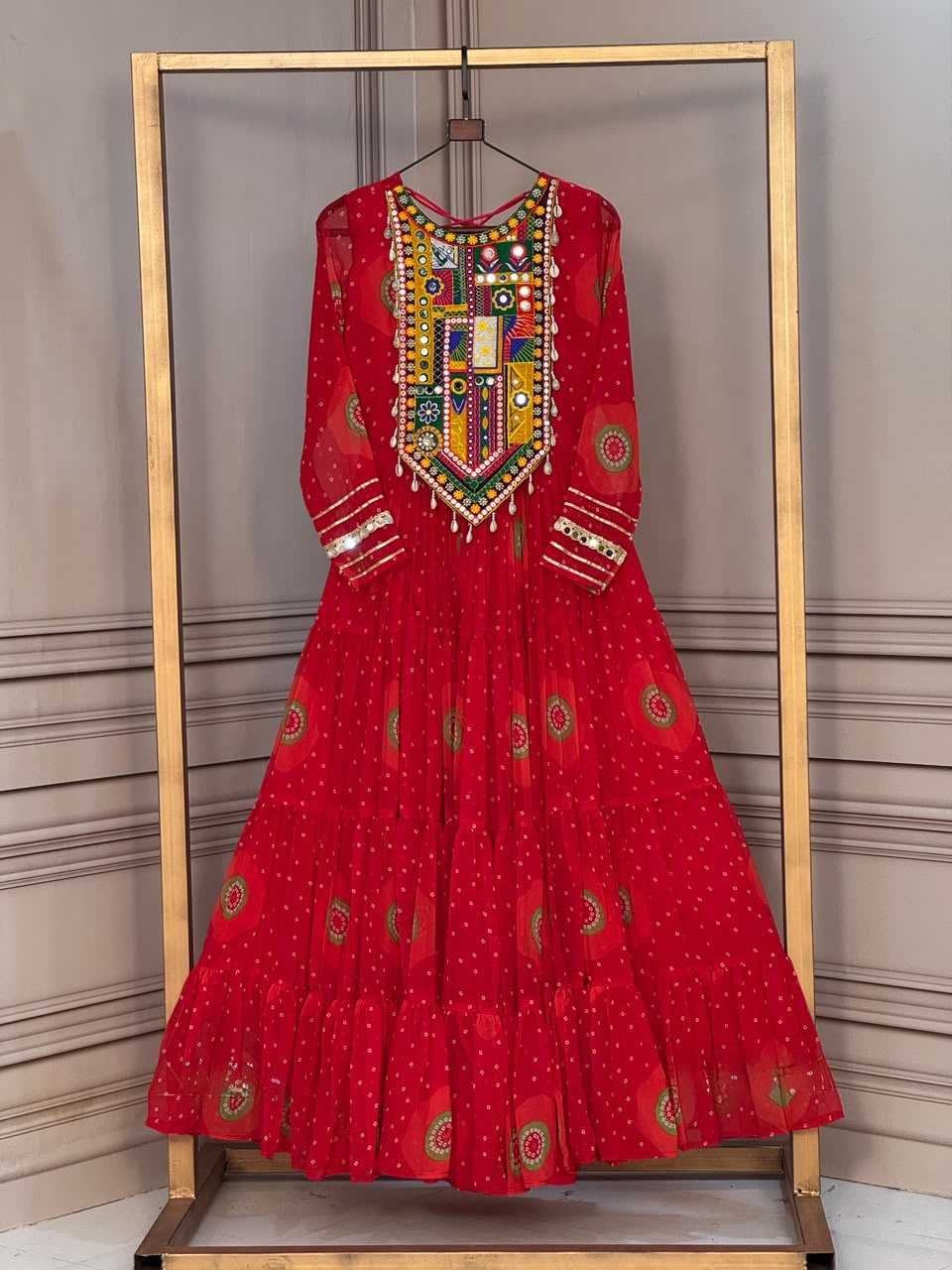 Faux Georgette Printed Gown in Olive