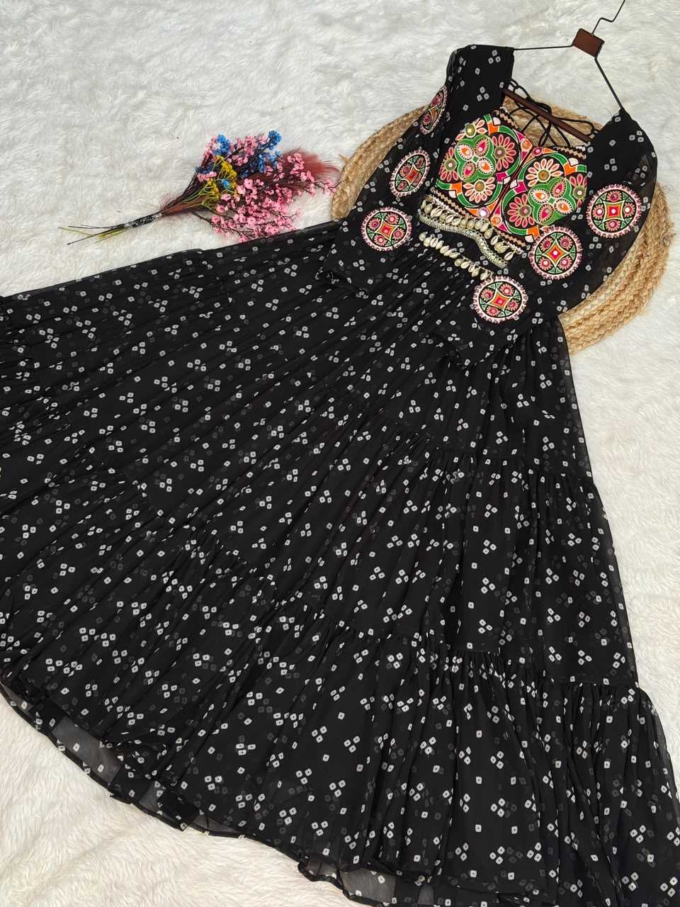 Faux Georgette Printed Gown in Black
