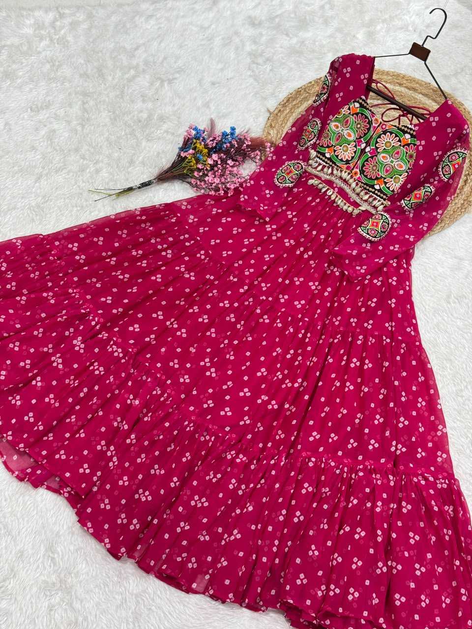 Faux Georgette Printed Gown in Black