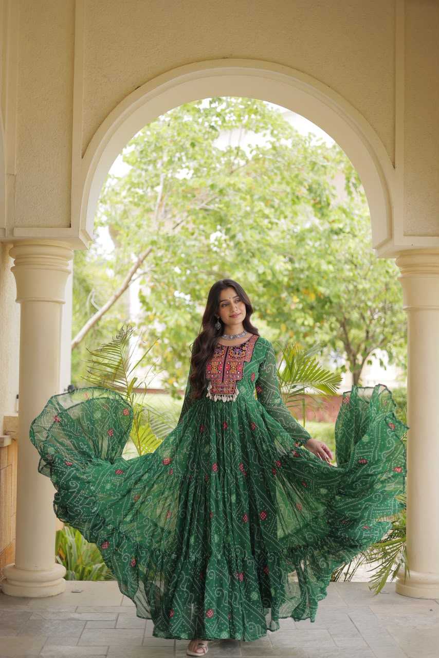 Faux Georgette Printed Gown in Green