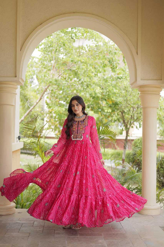 Faux Georgette Printed Gown in Green