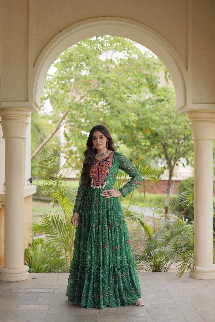 Faux Georgette Printed Gown in Green