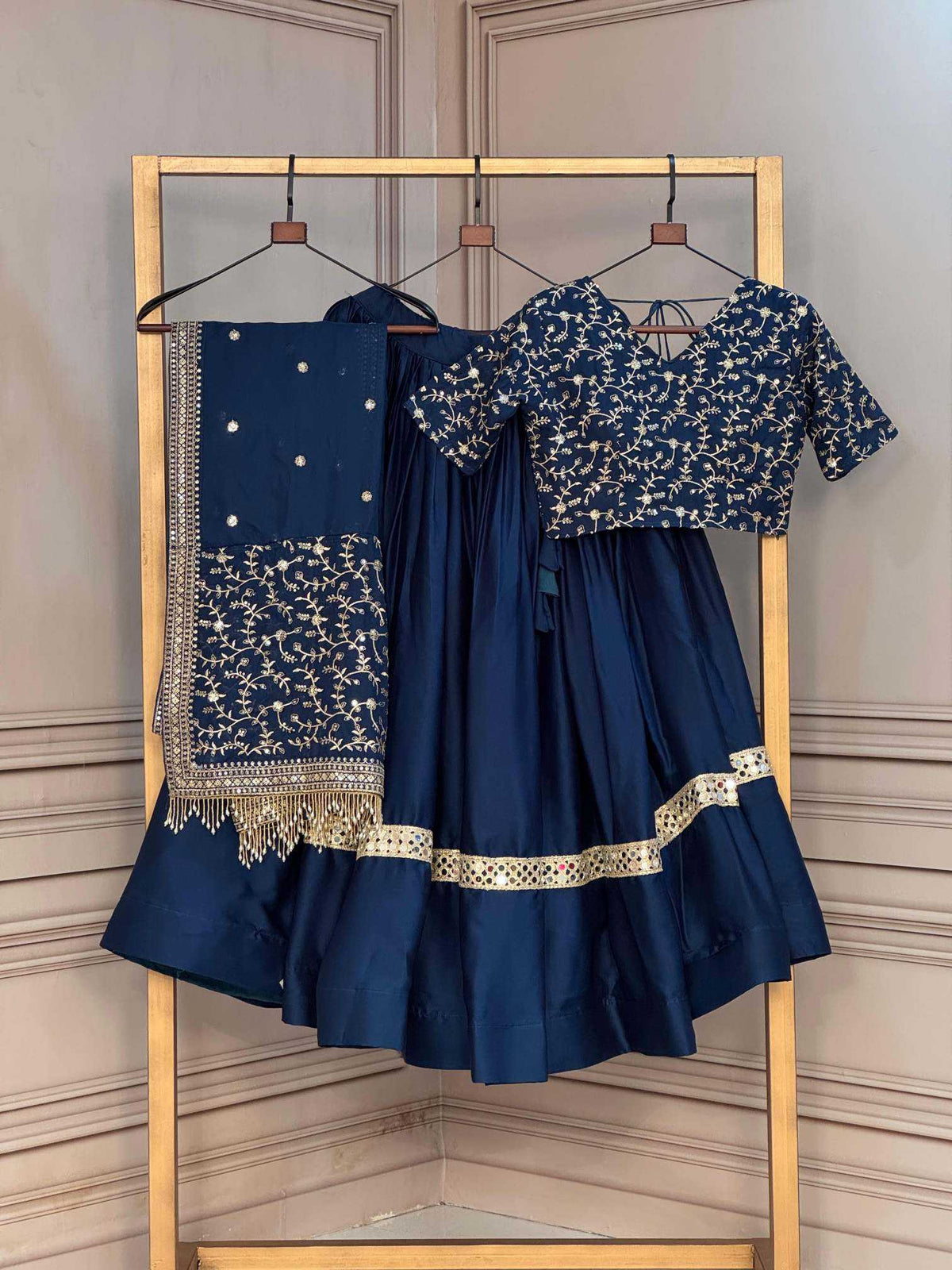 Satin Embroidered Lehenga in Navy Blue