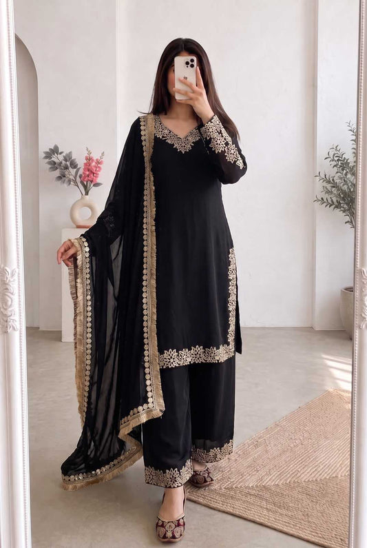 Chinon Silk Embroidery Suit in Red