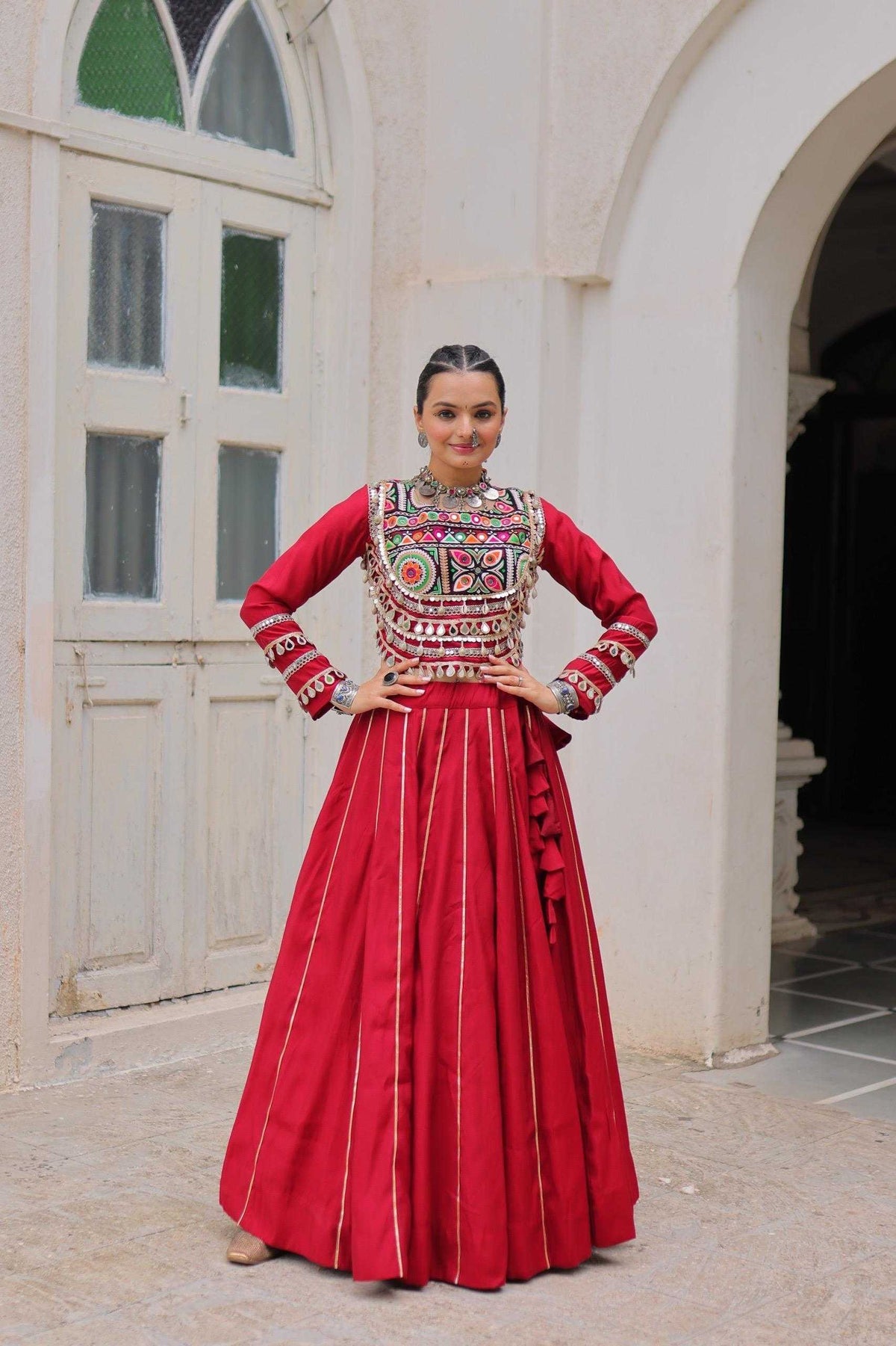 Heavy Roman Silk Fancy Lehenga in Red