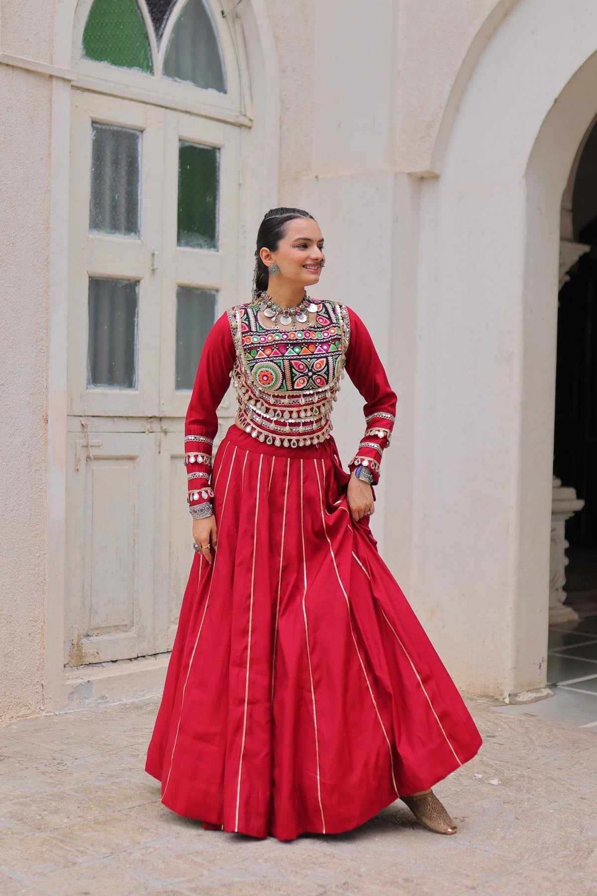 Heavy Roman Silk Fancy Lehenga in Red