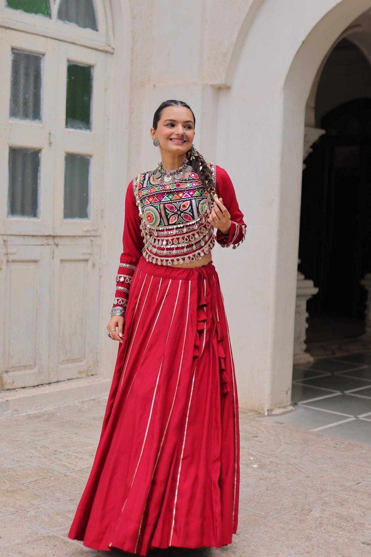 Heavy Roman Silk Fancy Lehenga in Red