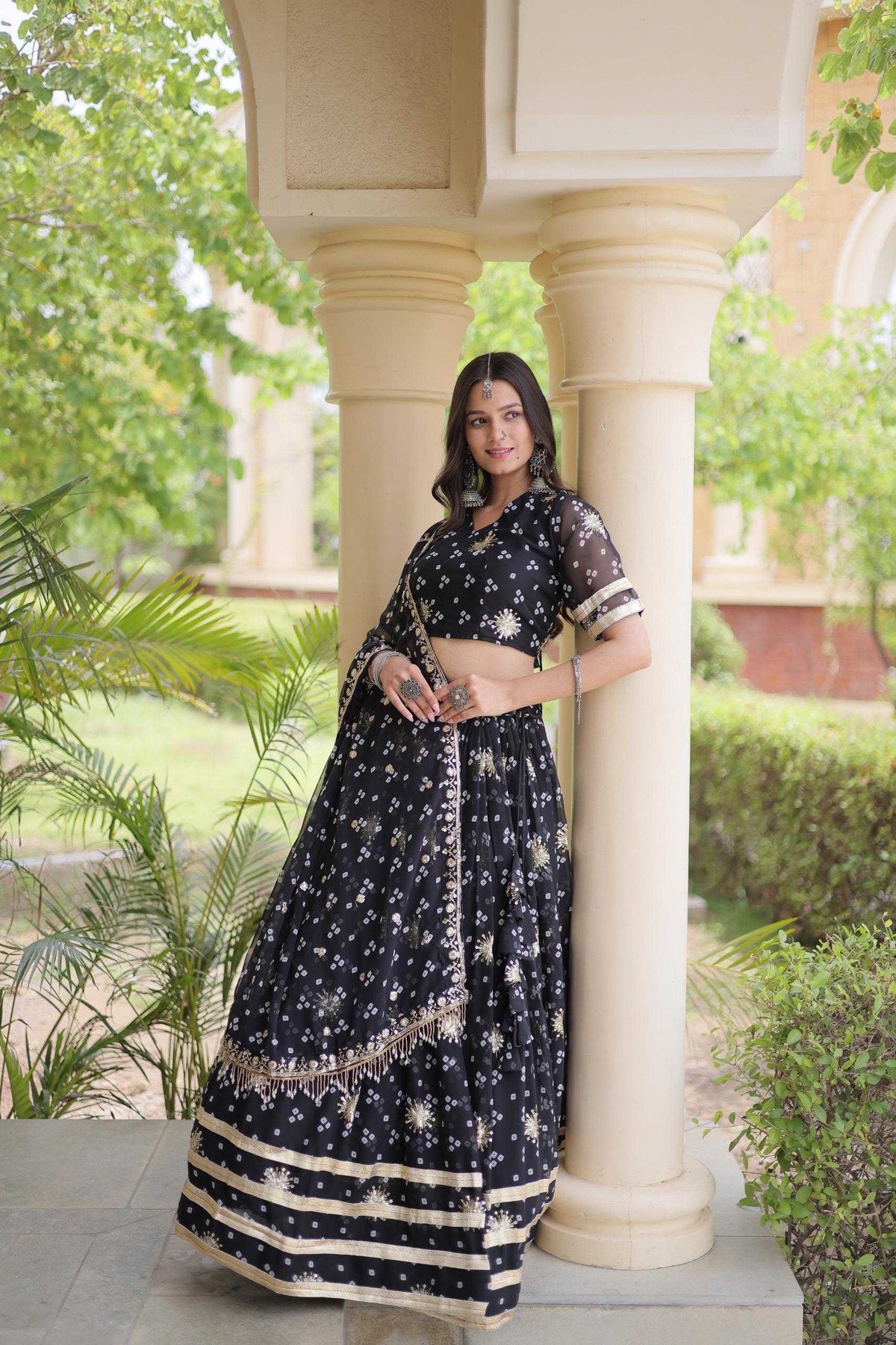 Faux Georgette Printed Lehenga in Black