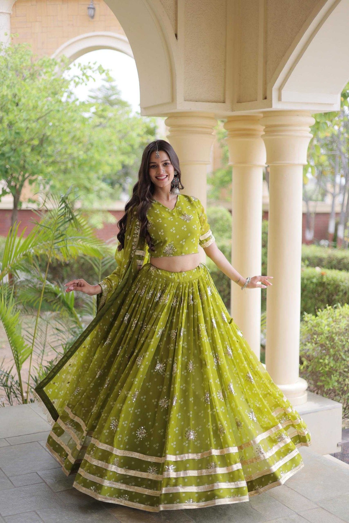 Faux Georgette Printed Lehenga in Black